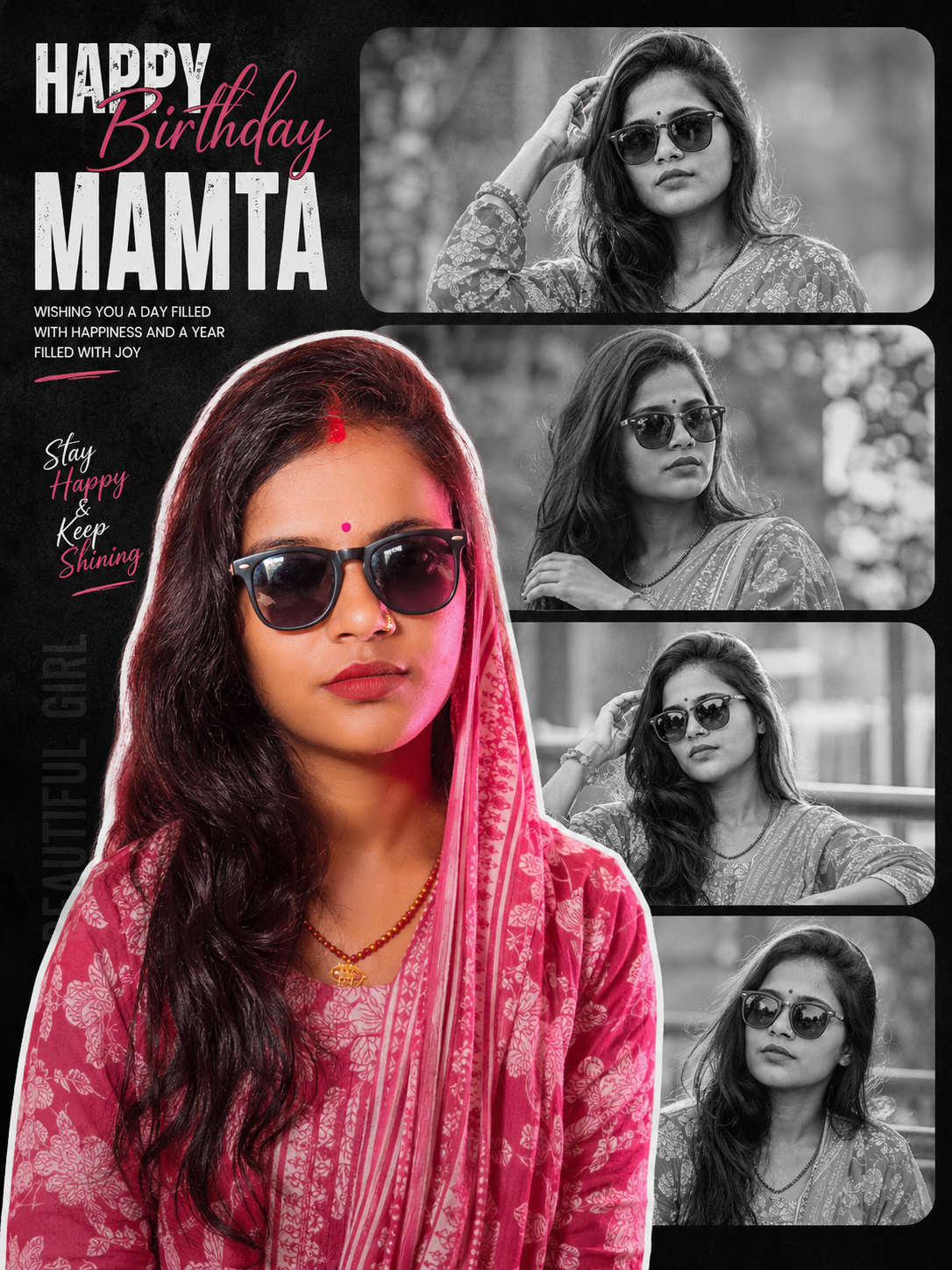 Cinematic birthday collage featuring black and white portrait panels and colorful foreground.