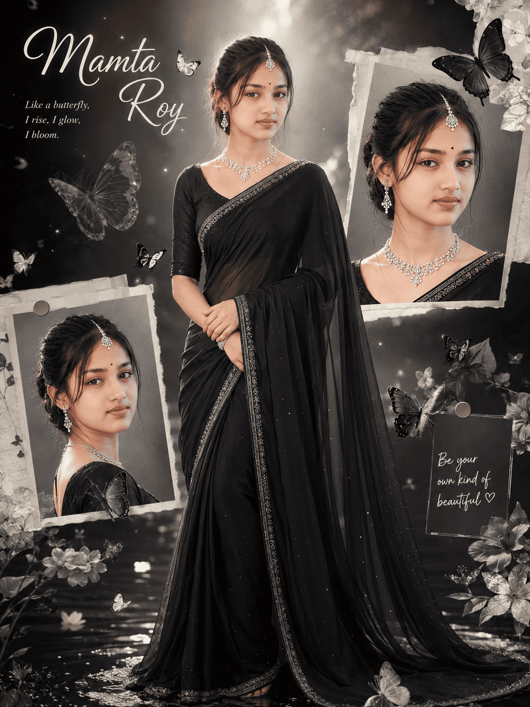 Cinematic butterfly theme black portrait photo editing poster with luxury design.