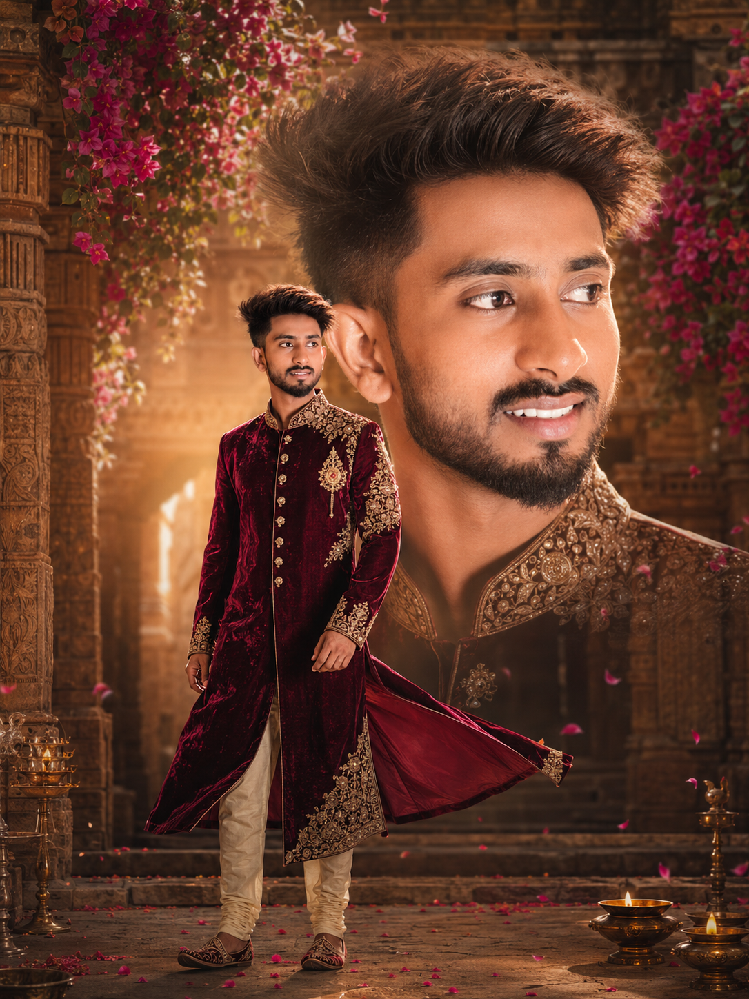 Royal Indian wedding poster with cinematic golden sunset lighting and floral background.