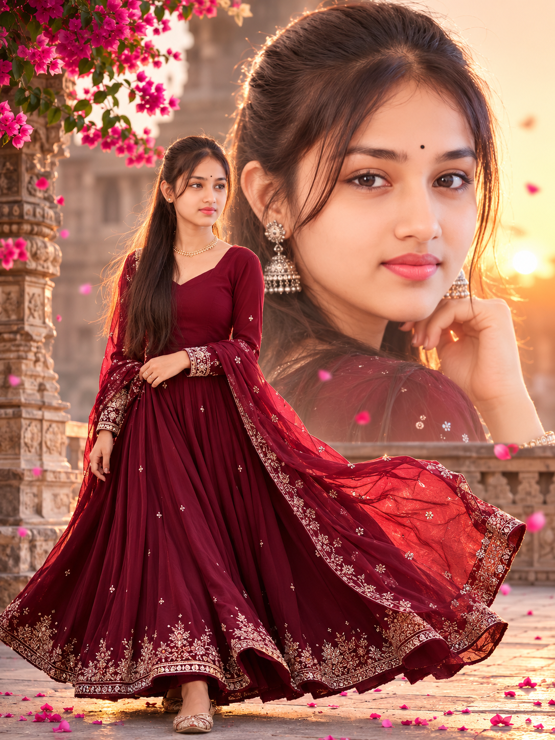 Cinematic double exposure wedding portrait featuring a royal Indian couple in traditional outfits