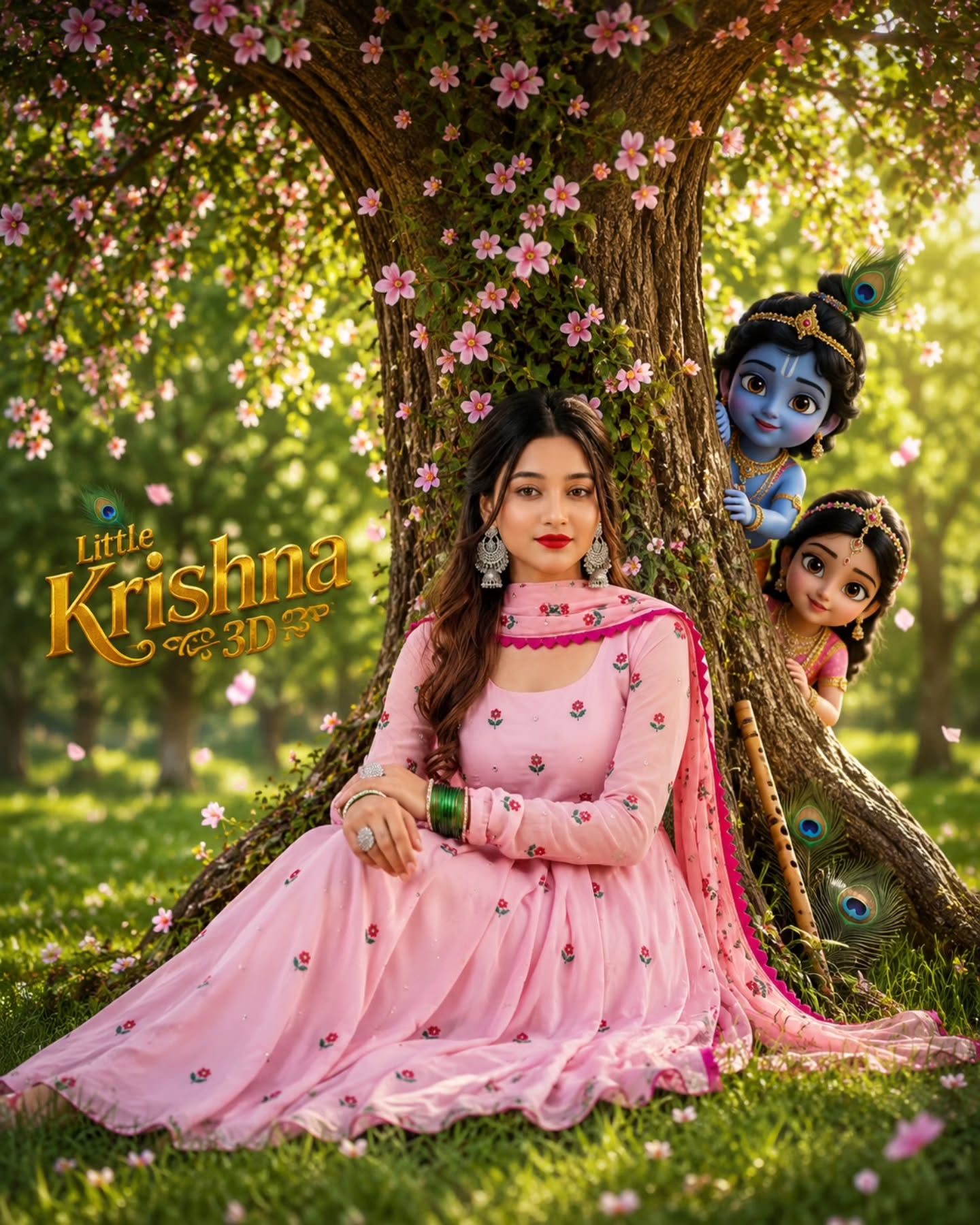 Realistic AI portrait featuring a girl under a blossom tree with Krishna background.