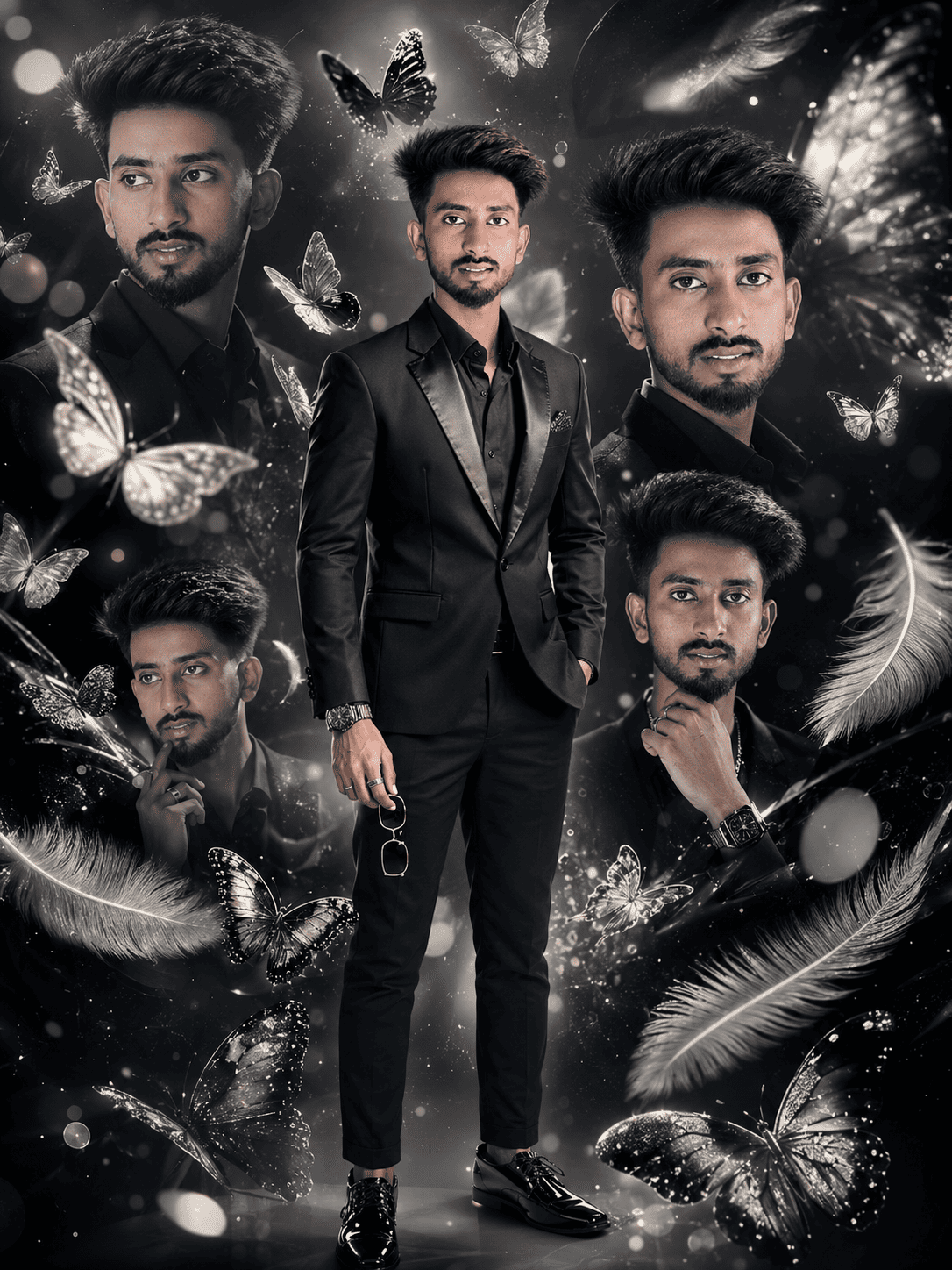 Black theme cinematic portrait ai prompt poster featuring elegant butterfly effects.