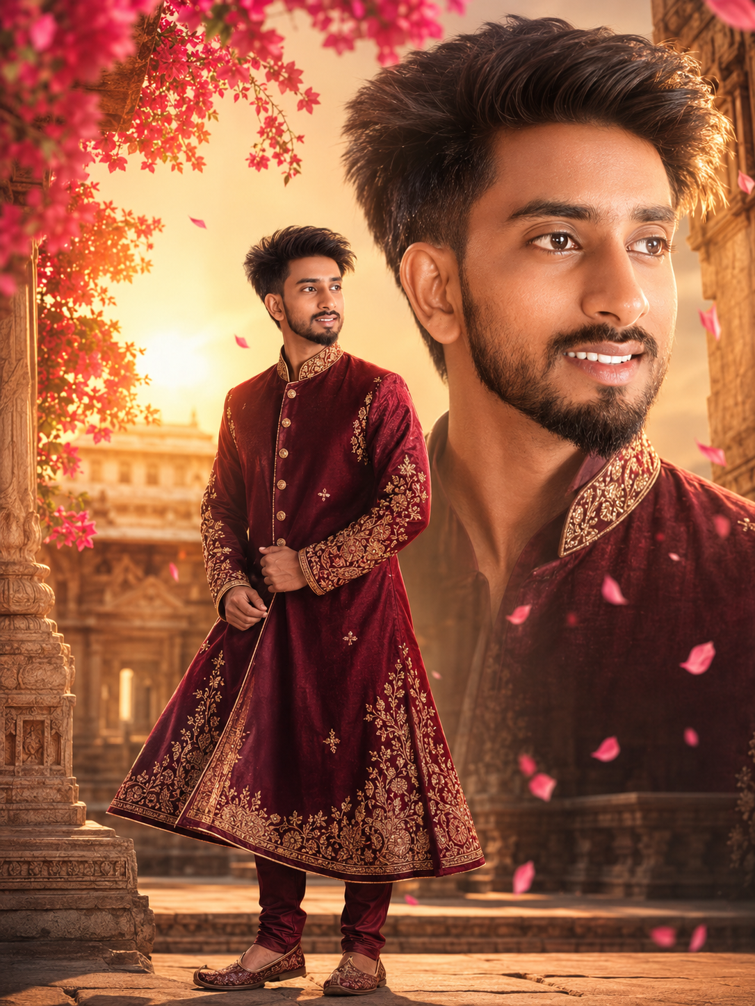 Double exposure photo manipulation featuring elegant Indian fashion photography.
