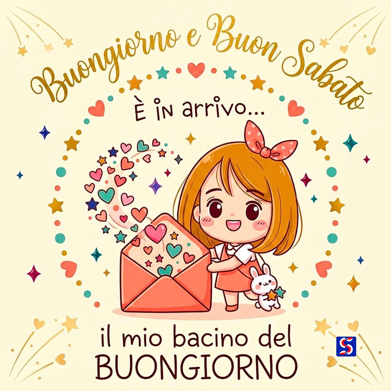 Bambina chibi vettoriale invia un bacino con testo Buongiorno e Buon Sabato, È in arrivo..., il mio bacino del BUONGIORNO.