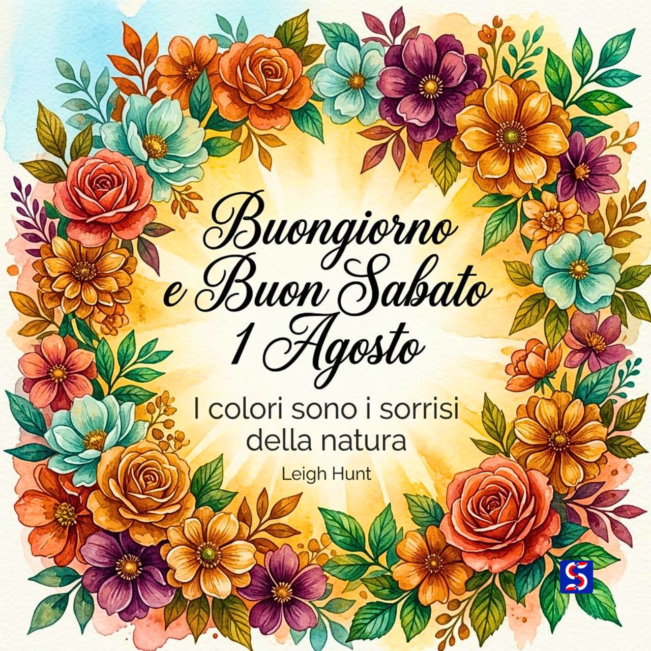 Ghirlanda di fiori acquerello e scritta Buongiorno e Buon Sabato 1 Agosto con citazione di nature.