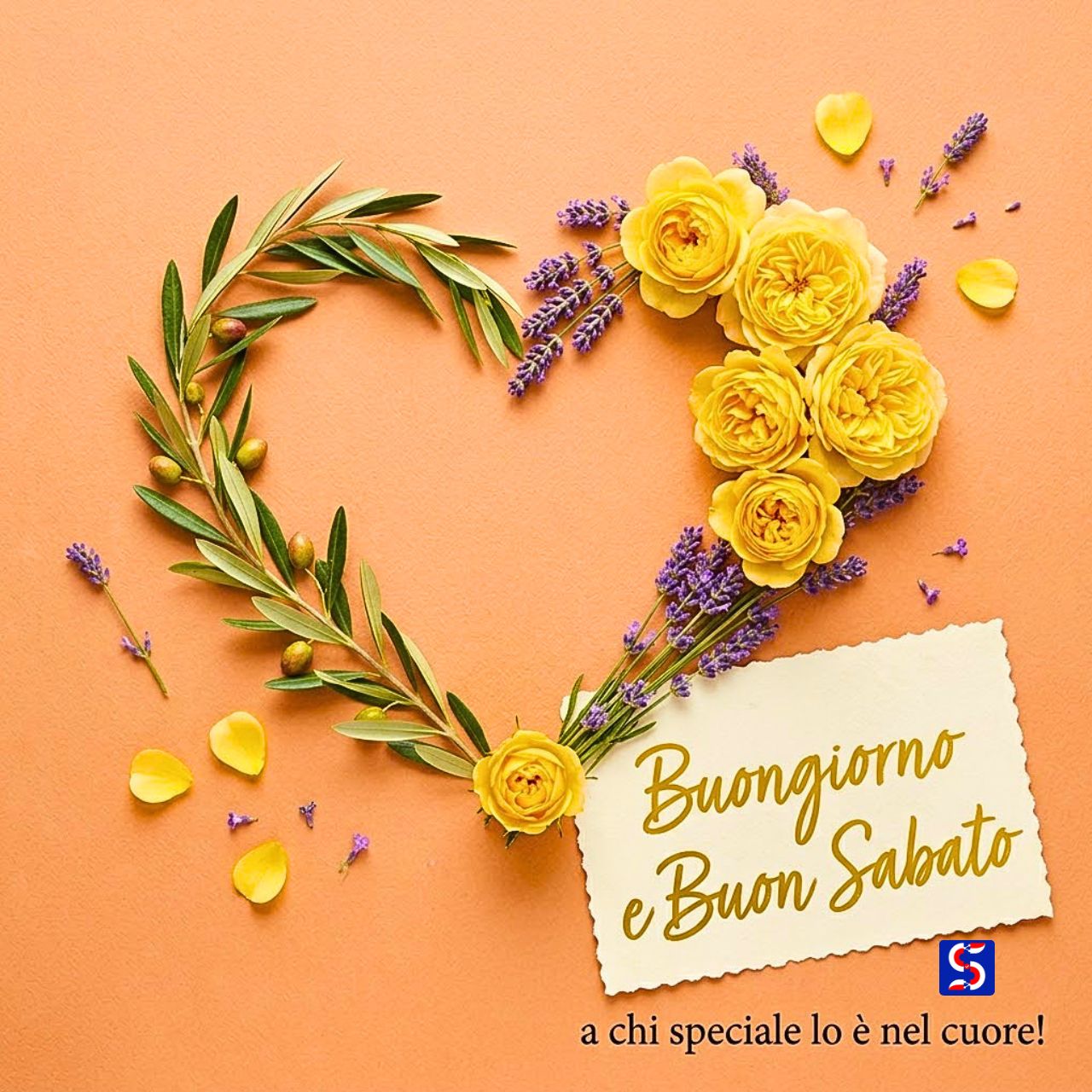 Cuore di rose gialle, lavanda e ulivo con testo Buongiorno e Buon Sabato e nota