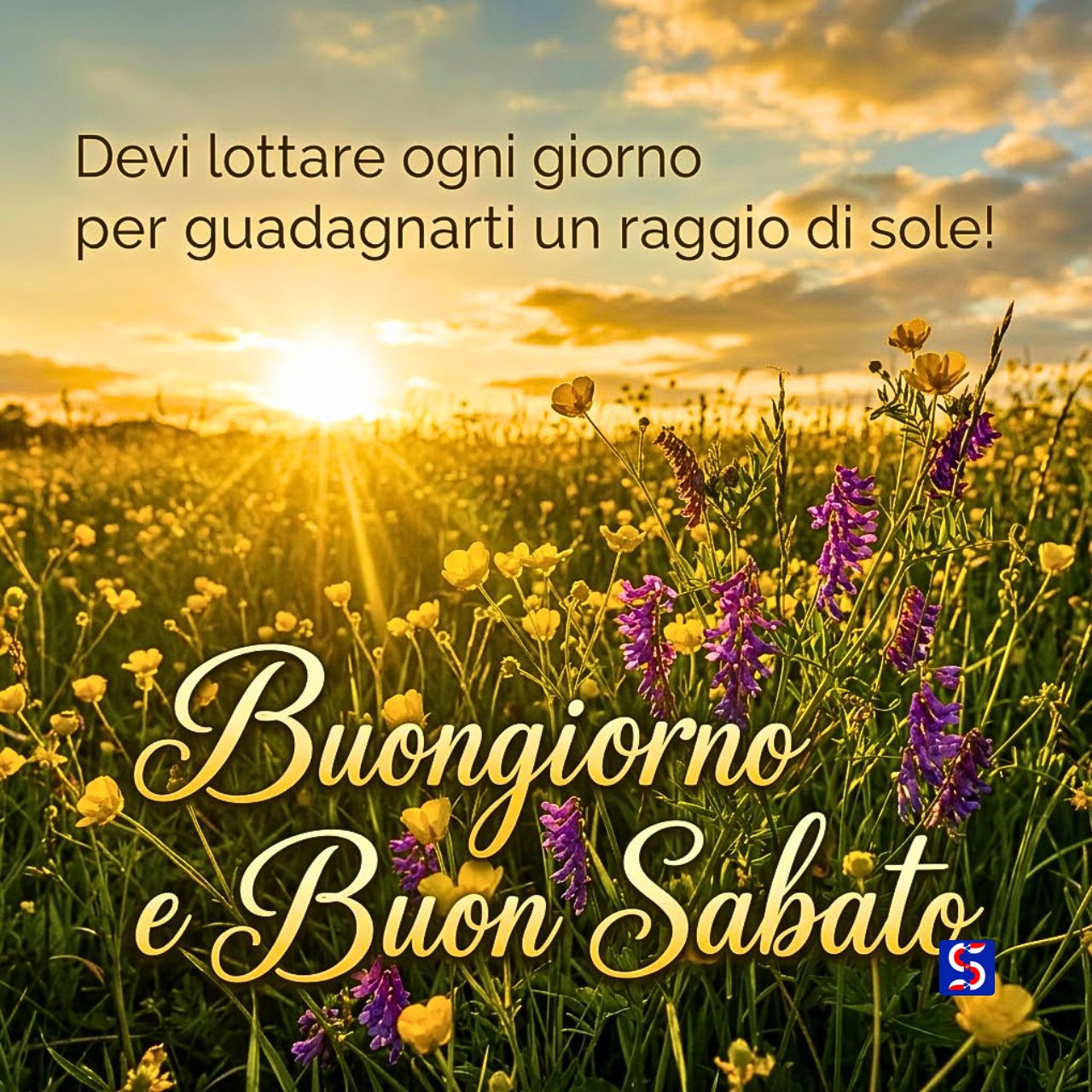 Margherita bianca e rosa tra l'erba verde con testo Buongiorno e Buon Sabato.