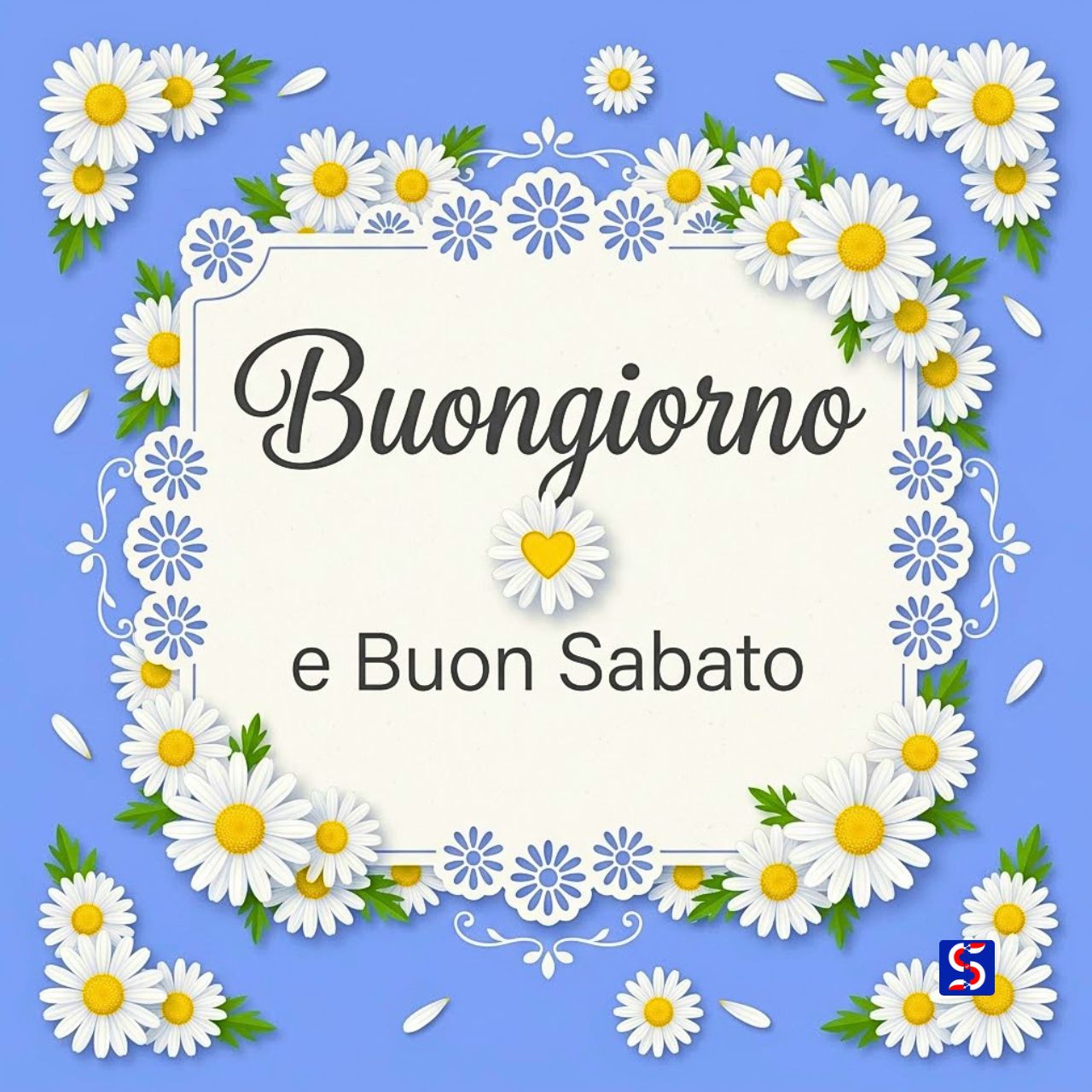 Saluto Buongiorno e Buon Sabato su targa con margherite bianche e sfondo blu periwinkle