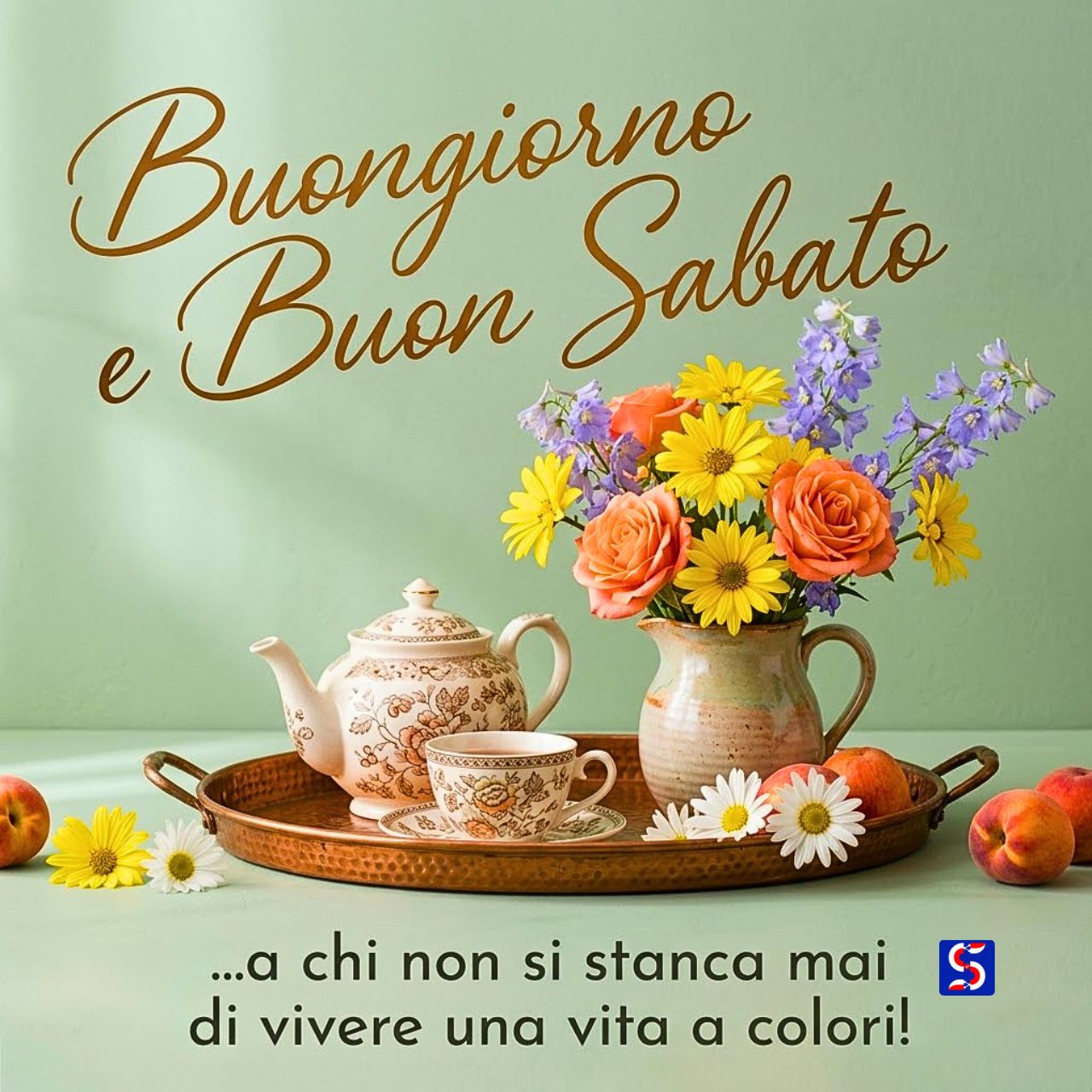 Vassoio di rame con teiera, tazza e bouquet di fiori colorati per il Buongiorno e Buon Sabato.