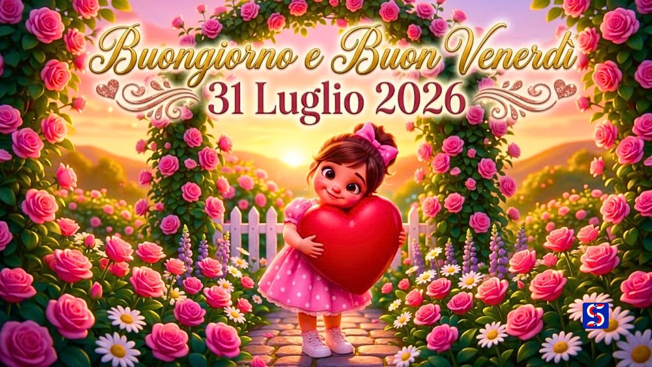 Banner professionale da giardino di rose con bambina sorridente e testo dorato evidenziato Buongiorno e Buon Venerdì 31 Luglio 2026.