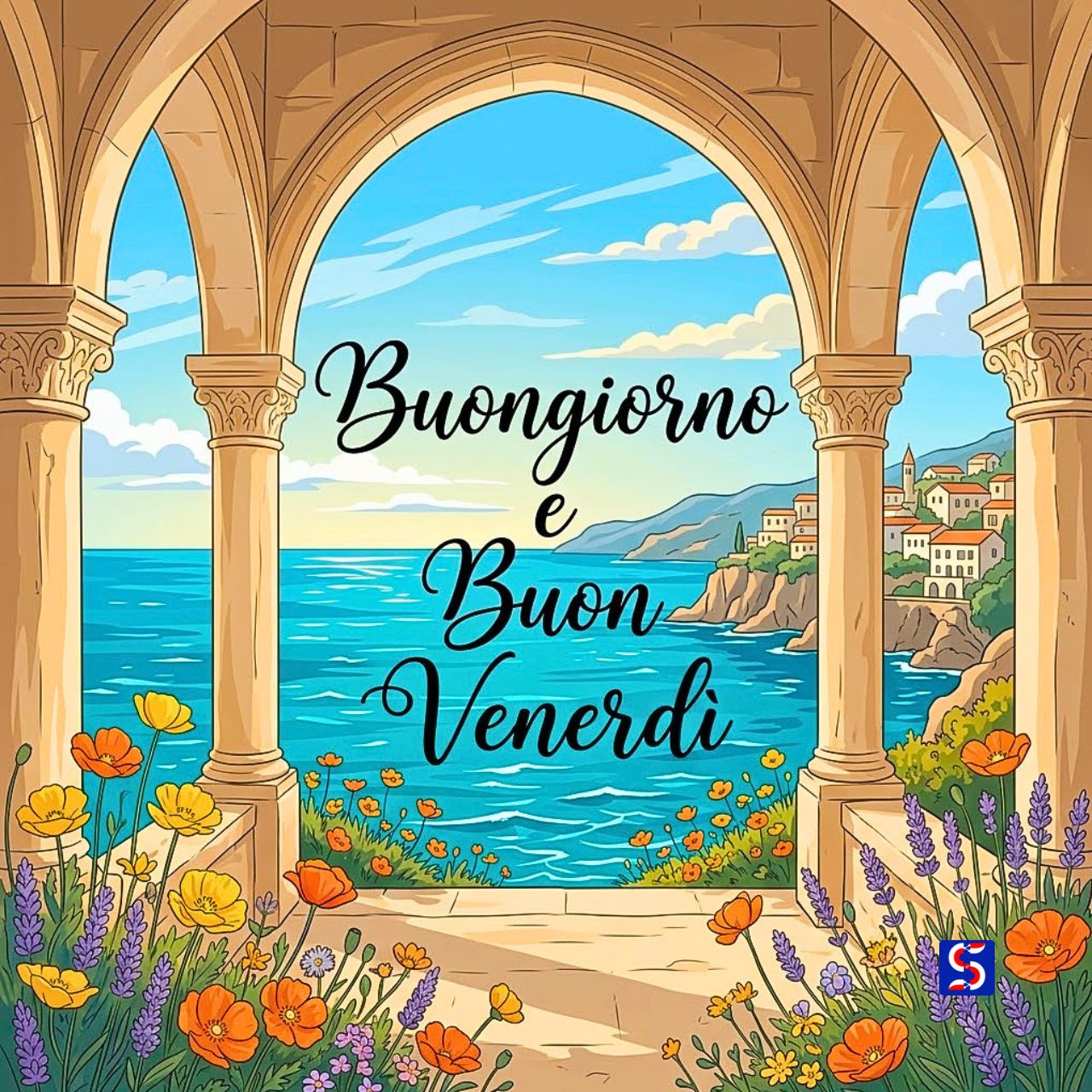 Veduta costiera da un arco con papaveri colorati e testo Buongiorno e Buon Venerd&igrave;.
