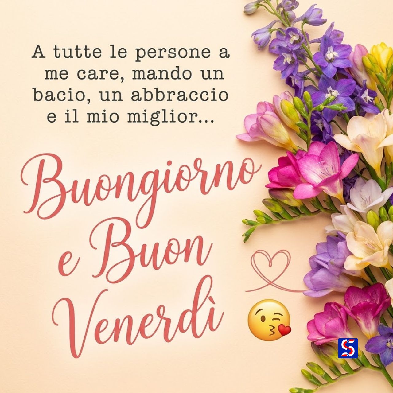 Fiori di fresia freschi con testo Buongiorno e Buon Venerd&igrave; e bacio.