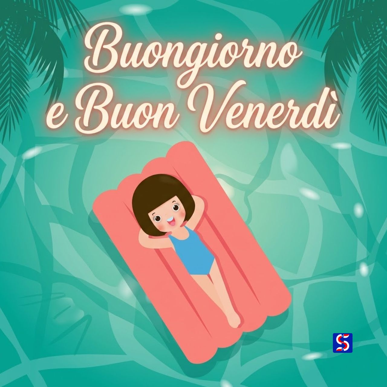 Illustrazione vettoriale di una ragazza su un materassino rosa con la scritta Buongiorno e Buon Venerd&igrave;.