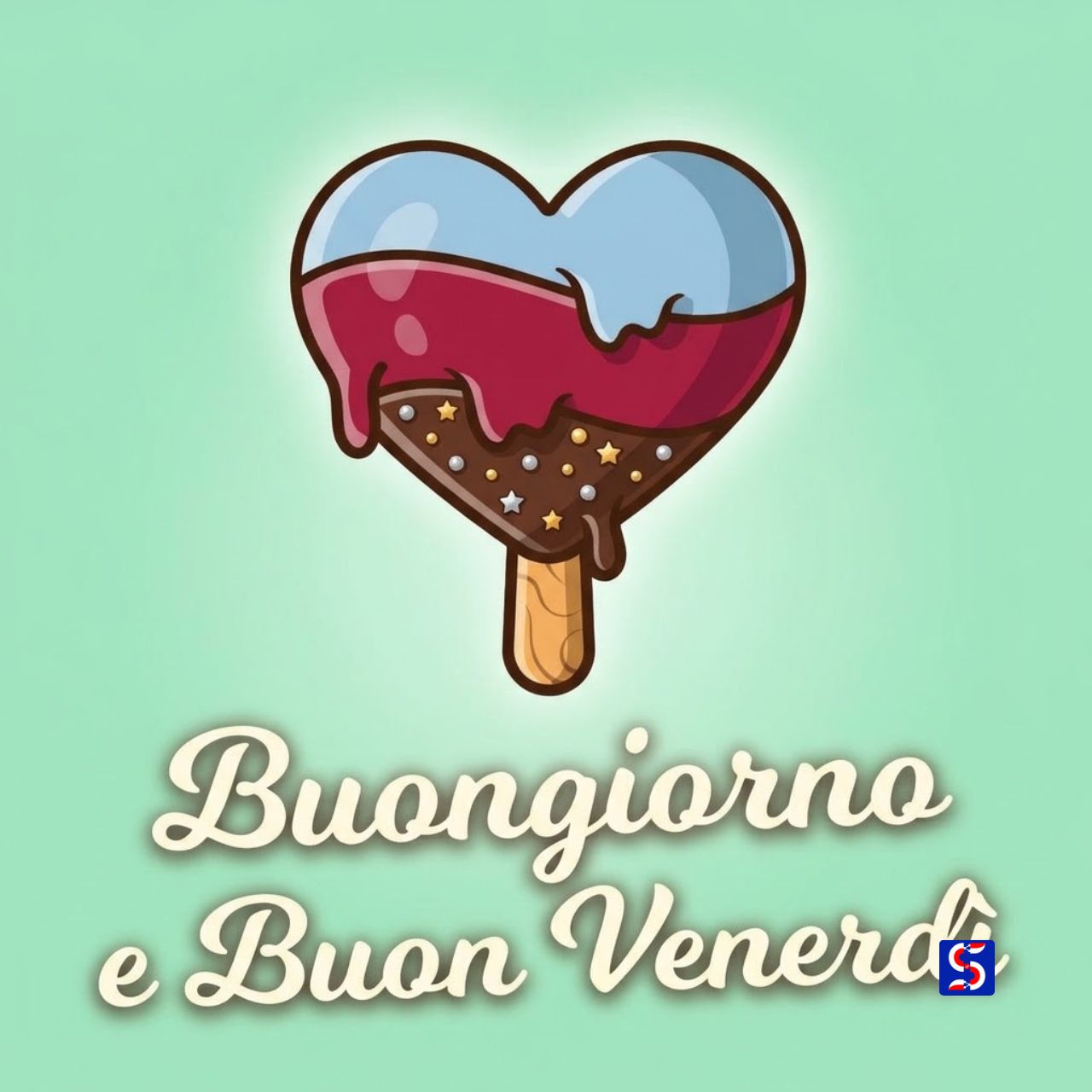Ghiacciolo a forma di cuore con glassa fondente e zuccherini dorati con testo Buongiorno e Buon Venerd&igrave;.