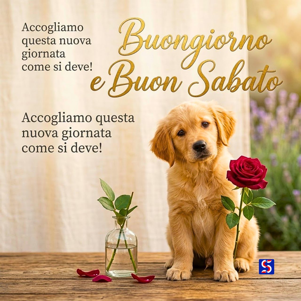 Cucciolo dorato con rosa crimson fiorita, testo "Accogliamo questa nuova giornata come si deve!" e "Buongiorno e Buon Sabato".