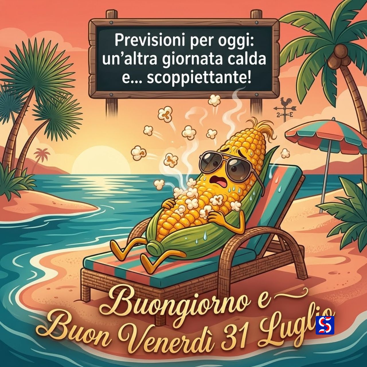 Pannocchia con occhiali da sole che scoppietta popcorn sulla spiaggia. Testo: Previsioni per oggi: un'altra giornata calda e... scoppiettante! e Buongiorno e Buon Venerd&igrave; 31 Luglio.