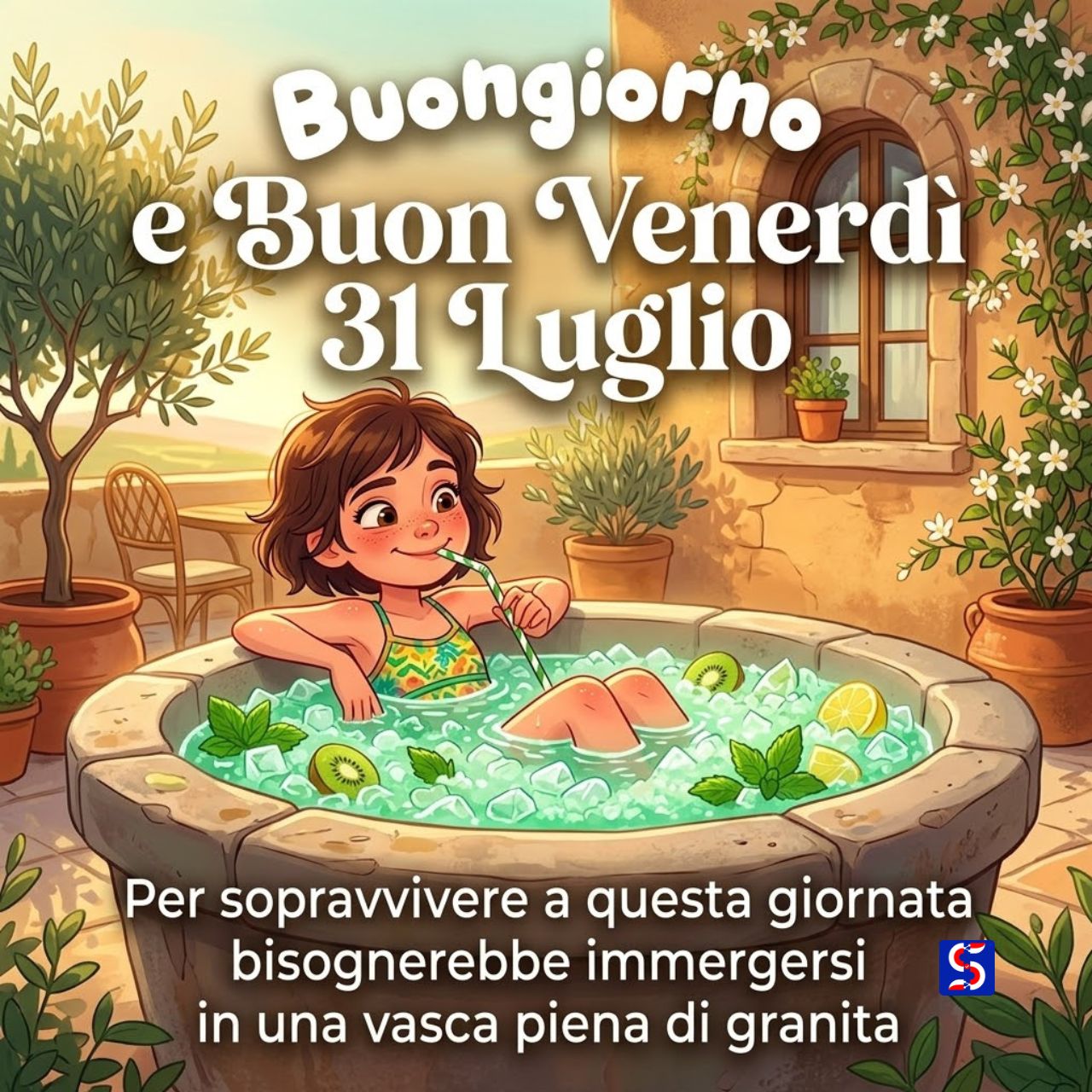 Ragazza in vasca di granita verde fresca e testo Buongiorno e Buon Venerd&igrave; 31 Luglio.
